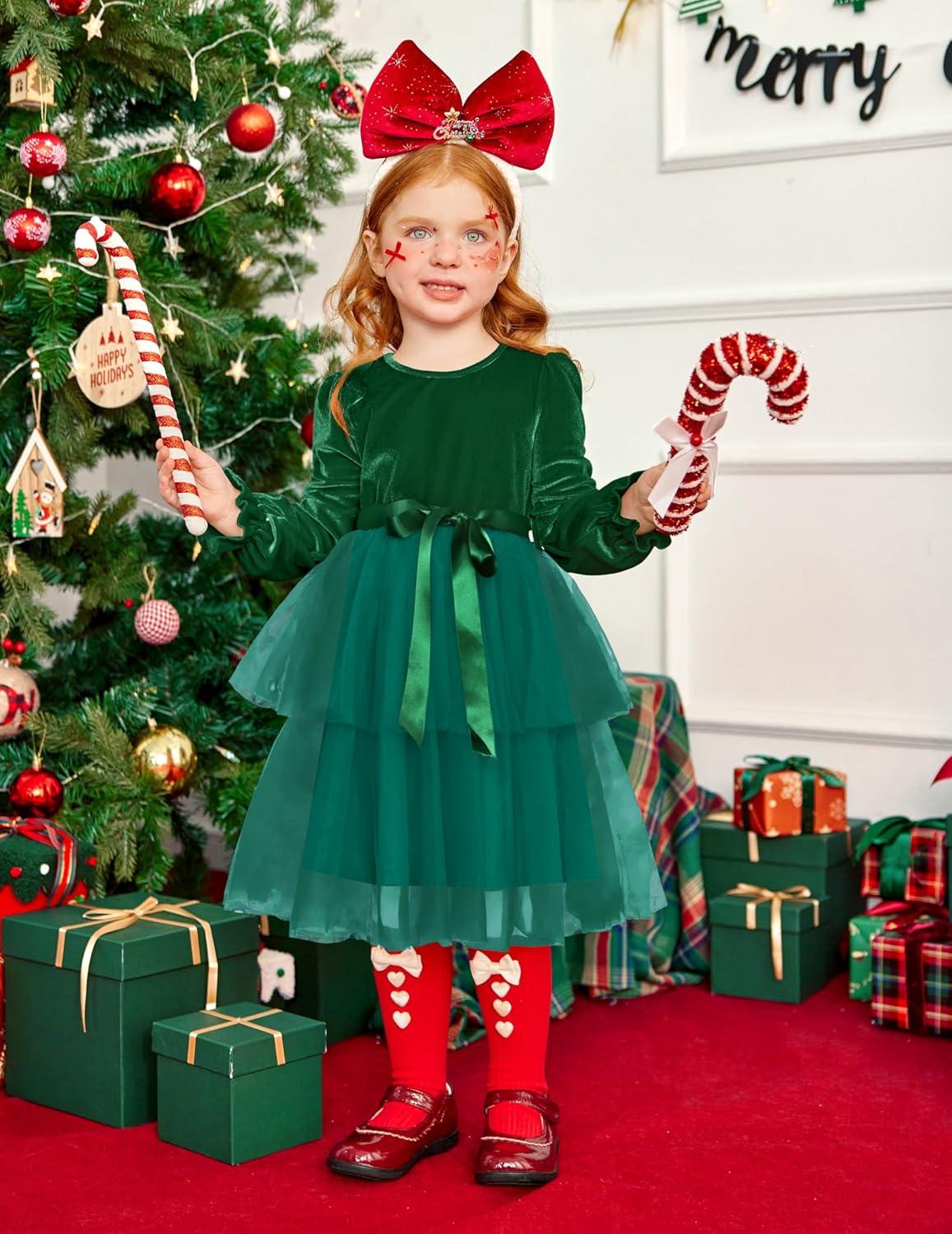 image:imageArshiner Girls Velvet Tutu Dress Toddler Puff Long Sleeve Tiered Tulle Fall Winter Party Dresses with RibbonDark Green