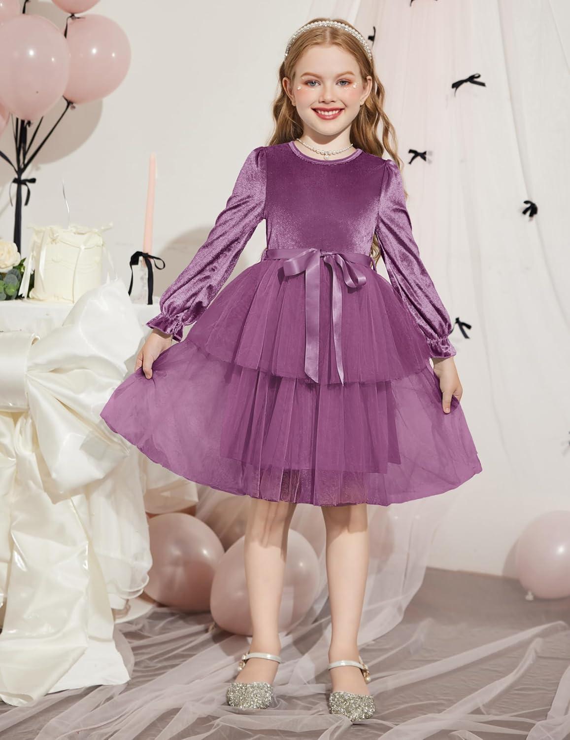 image:imageArshiner Girls Velvet Tutu Dress Toddler Puff Long Sleeve Tiered Tulle Fall Winter Party Dresses with RibbonFuchsia