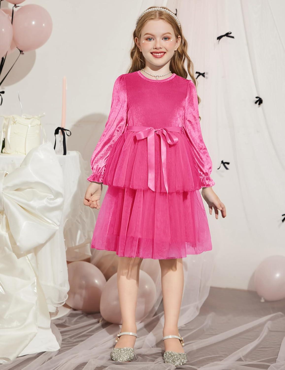image:imageArshiner Girls Velvet Tutu Dress Toddler Puff Long Sleeve Tiered Tulle Fall Winter Party Dresses with RibbonHot Pink