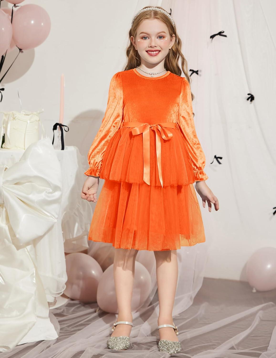 image:imageArshiner Girls Velvet Tutu Dress Toddler Puff Long Sleeve Tiered Tulle Fall Winter Party Dresses with RibbonOrange