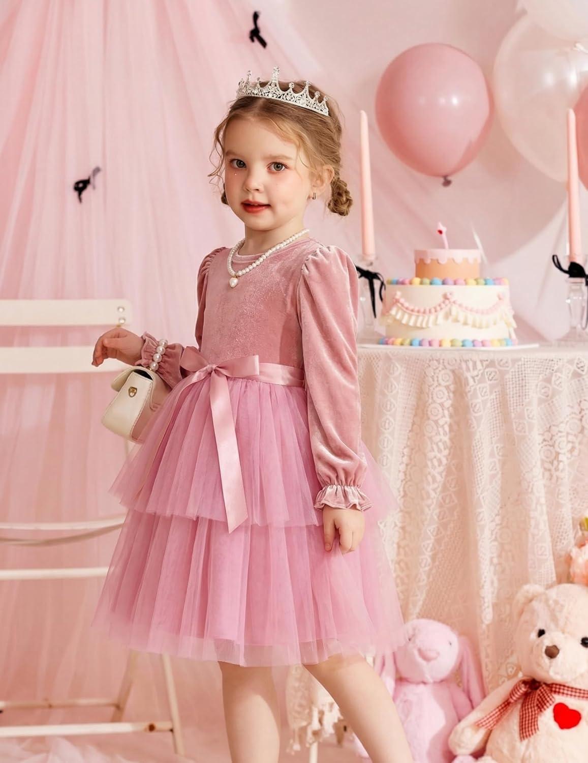 image:imageArshiner Girls Velvet Tutu Dress Toddler Puff Long Sleeve Tiered Tulle Fall Winter Party Dresses with RibbonPink