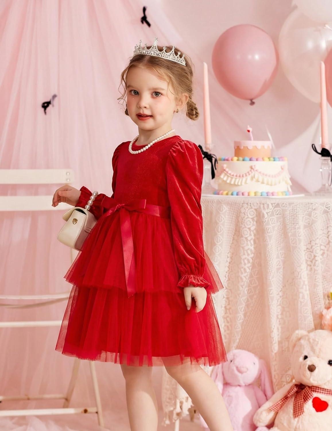 image:imageArshiner Girls Velvet Tutu Dress Toddler Puff Long Sleeve Tiered Tulle Fall Winter Party Dresses with RibbonRed