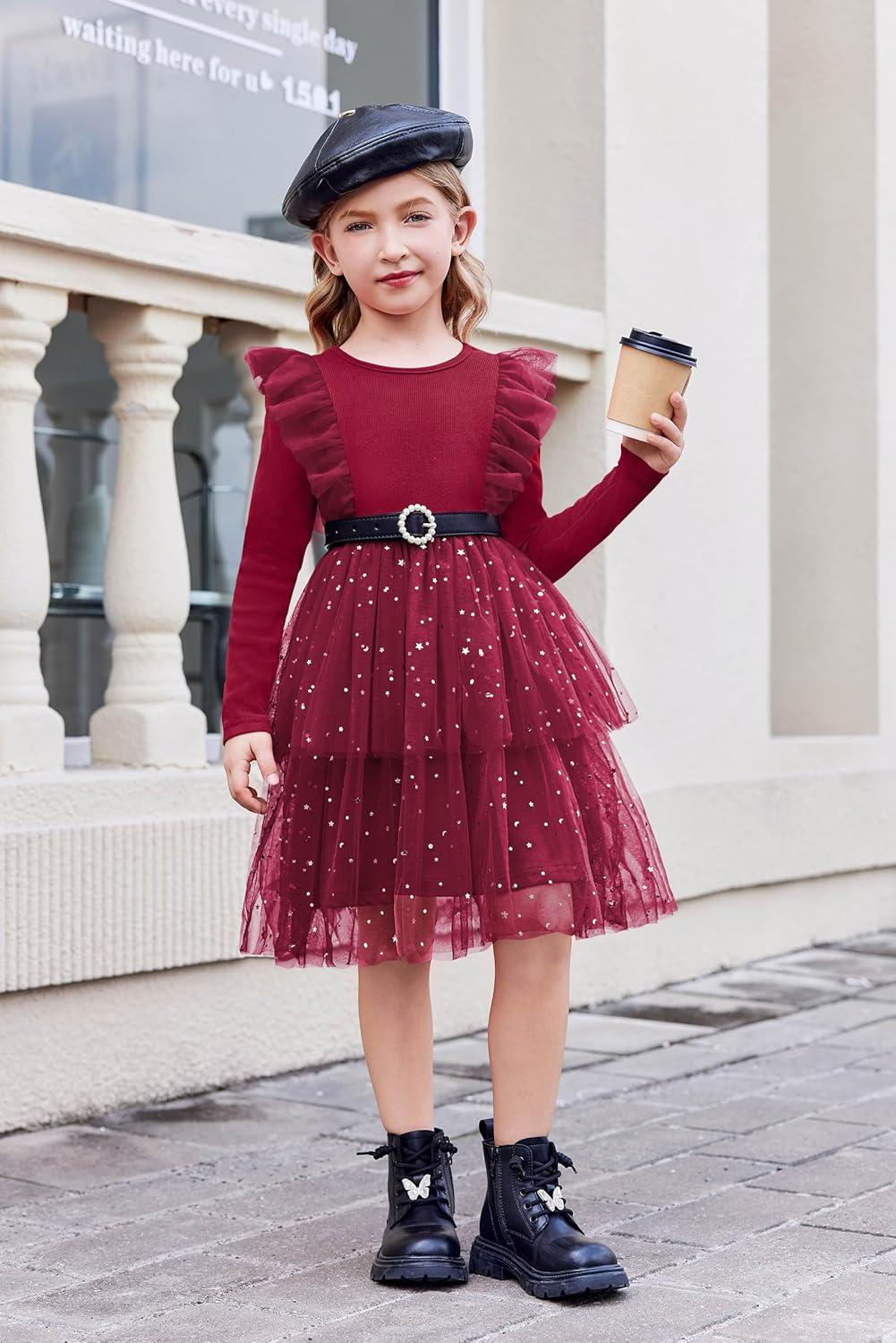 image:imageArshiner Toddler Dress Baby Girls Tutu Tiered Formal Party Sequin Tulle Dresses Fall Winter Clothes for 16 YearsDark Red