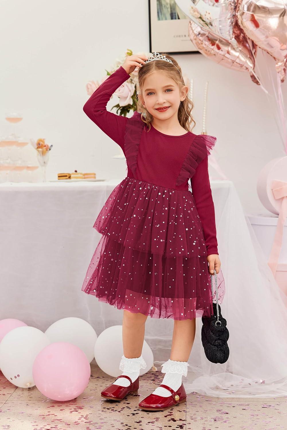 image:imageArshiner Toddler Dress Baby Girls Tutu Tiered Formal Party Sequin Tulle Dresses Fall Winter Clothes for 16 YearsDark Red