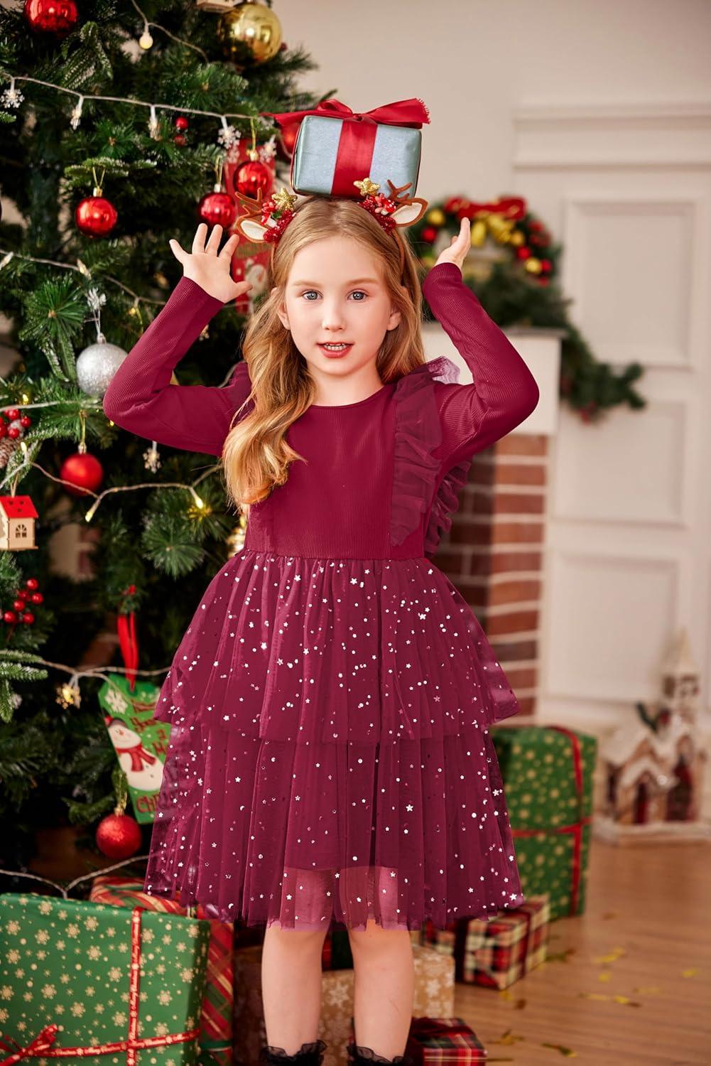 image:imageArshiner Toddler Dress Baby Girls Tutu Tiered Formal Party Sequin Tulle Dresses Fall Winter Clothes for 16 YearsDark Red