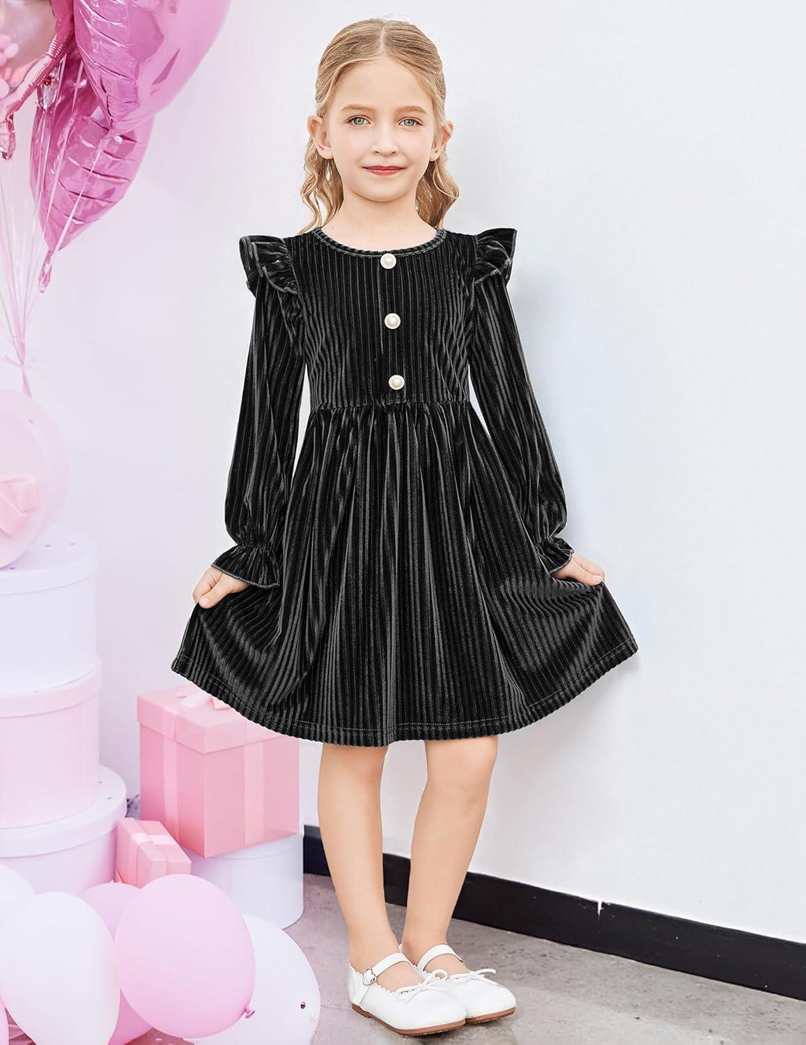 image:imageArshiner Toddler Girls Long Sleeve Velvet Dress Ruffled Crew Neck Midi ALine Fall Vintage Dress with Pockets for Kids 28YBlack