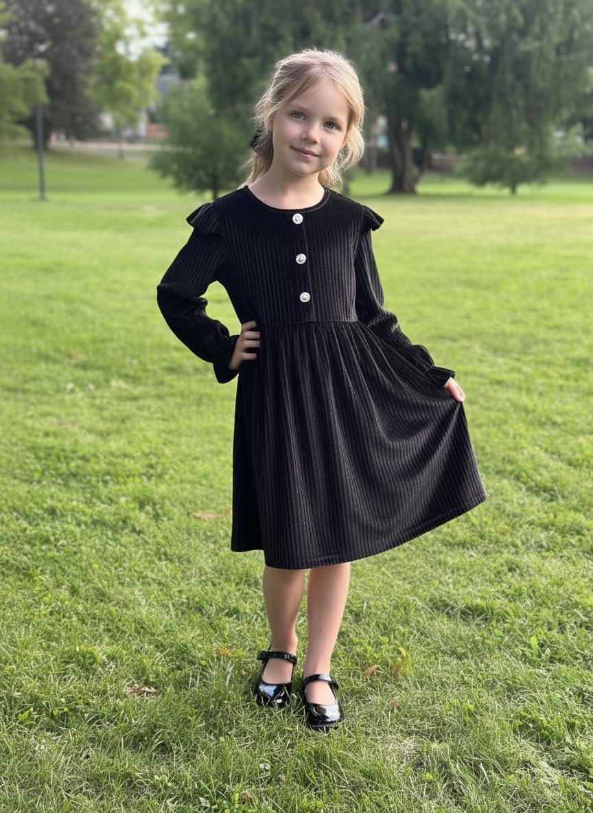 image:imageArshiner Toddler Girls Long Sleeve Velvet Dress Ruffled Crew Neck Midi ALine Fall Vintage Dress with Pockets for Kids 28YBlack