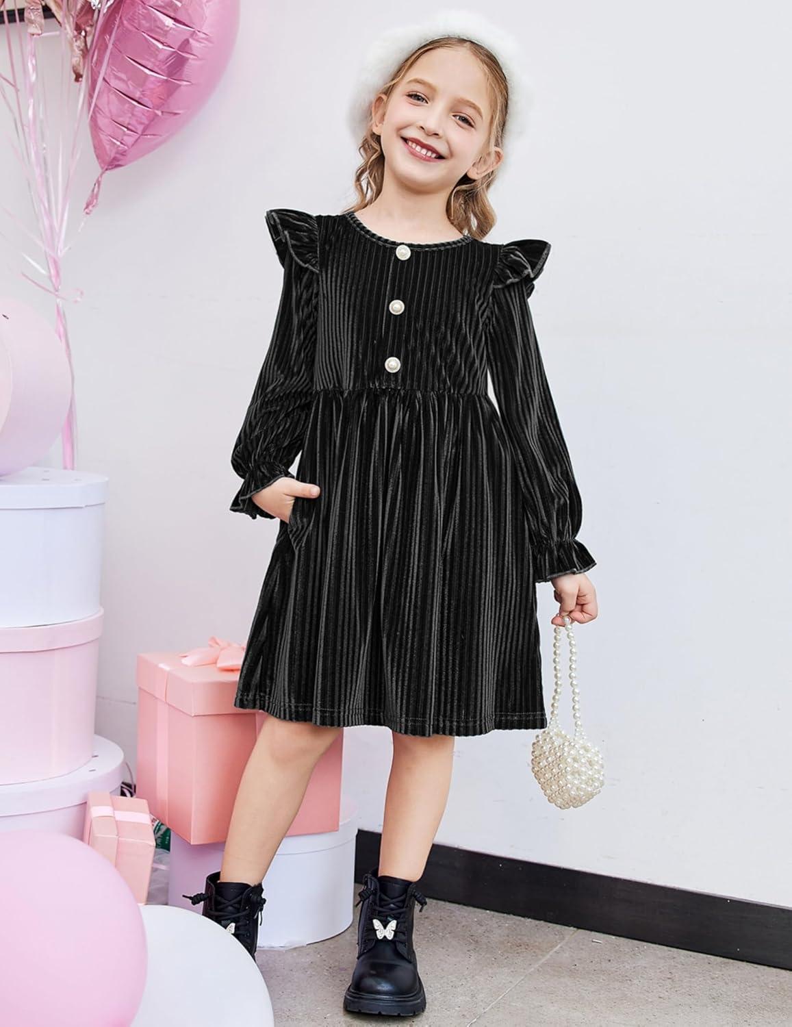 image:imageArshiner Toddler Girls Long Sleeve Velvet Dress Ruffled Crew Neck Midi ALine Fall Vintage Dress with Pockets for Kids 28YBlack