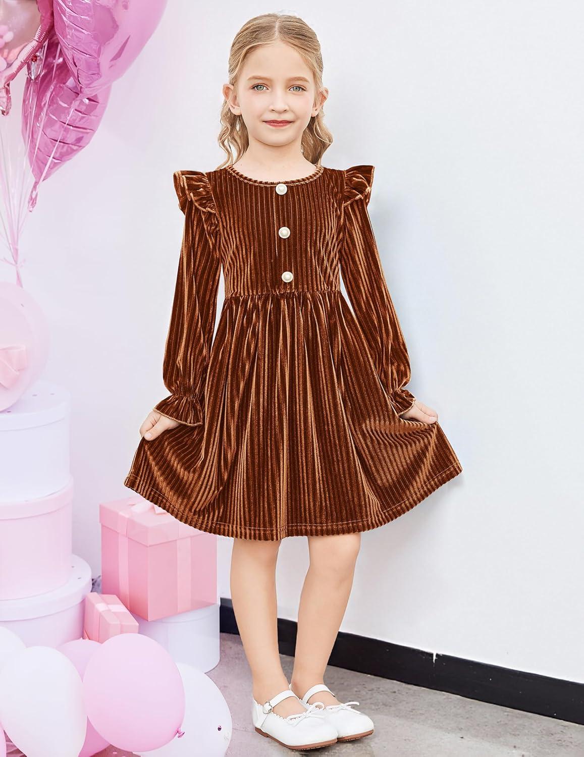 image:imageArshiner Toddler Girls Long Sleeve Velvet Dress Ruffled Crew Neck Midi ALine Fall Vintage Dress with Pockets for Kids 28YCaramel