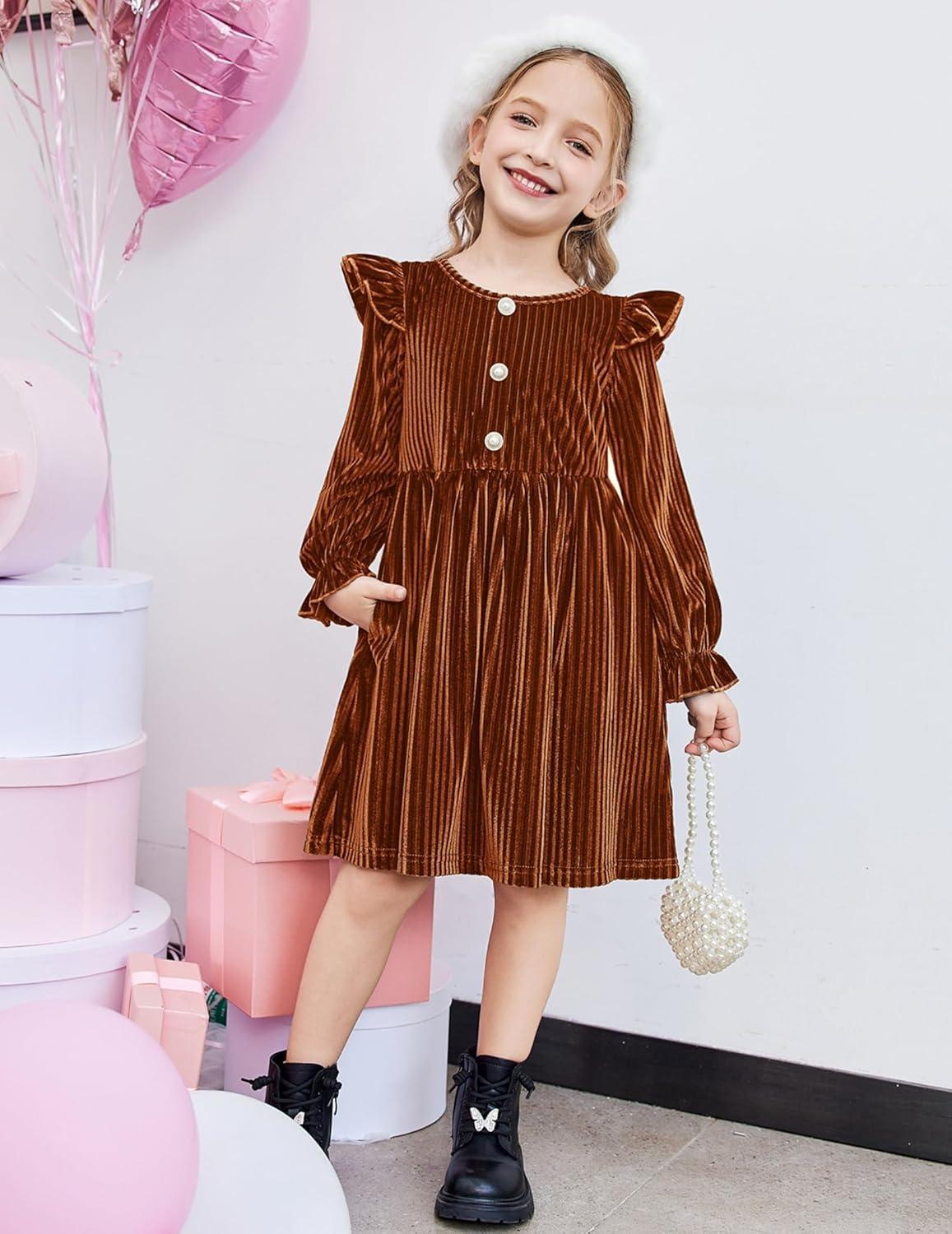 image:imageArshiner Toddler Girls Long Sleeve Velvet Dress Ruffled Crew Neck Midi ALine Fall Vintage Dress with Pockets for Kids 28YCaramel