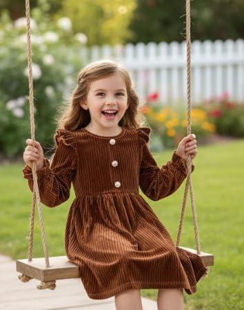 image:imageArshiner Toddler Girls Long Sleeve Velvet Dress Ruffled Crew Neck Midi ALine Fall Vintage Dress with Pockets for Kids 28YCaramel