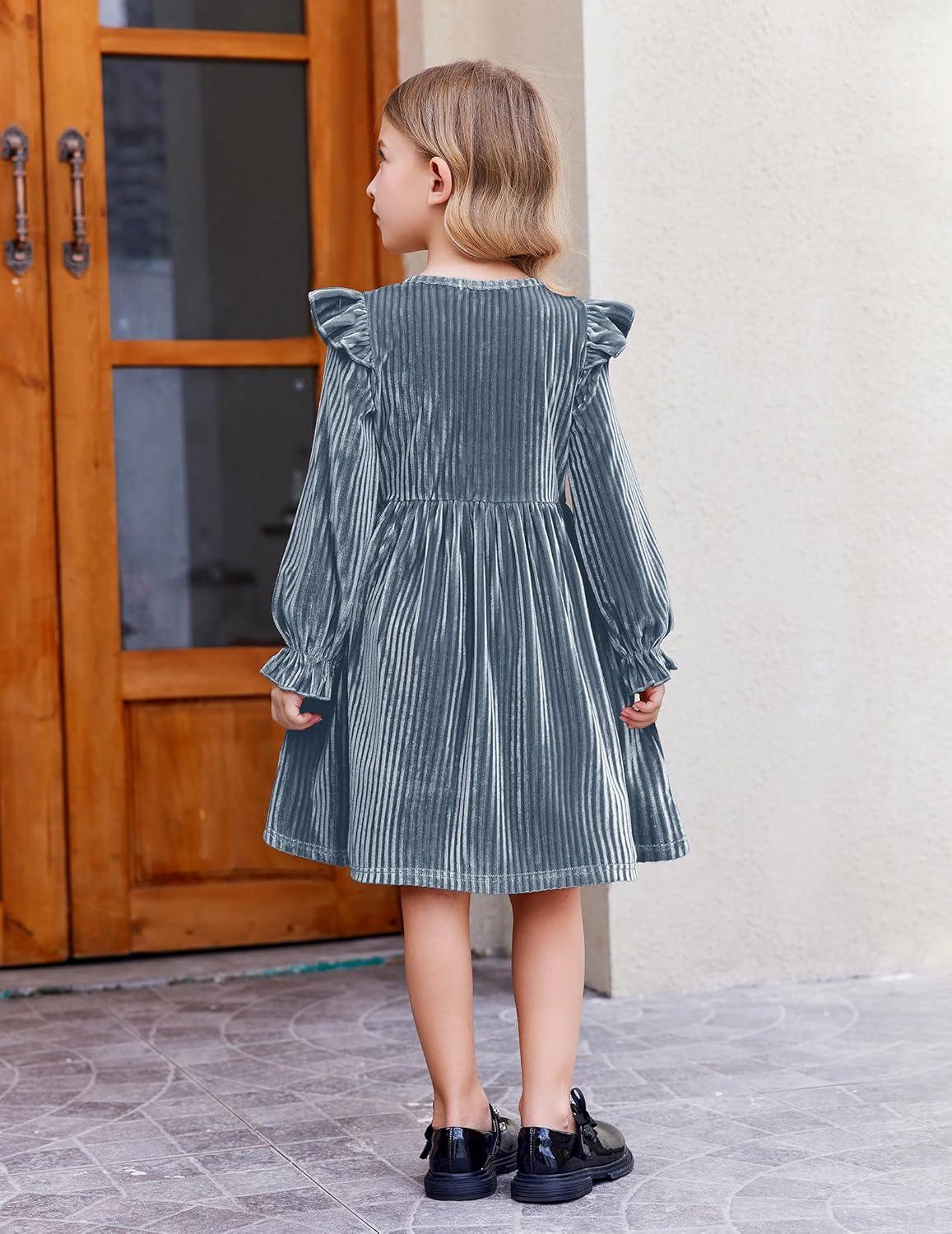 image:imageArshiner Toddler Girls Long Sleeve Velvet Dress Ruffled Crew Neck Midi ALine Fall Vintage Dress with Pockets for Kids 28YGray Blue