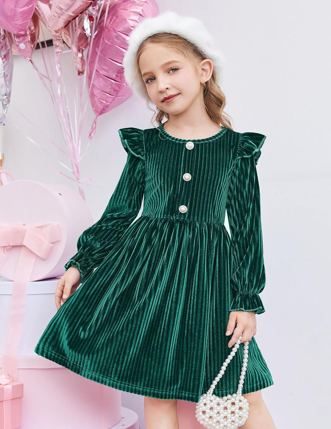 image:imageArshiner Toddler Girls Long Sleeve Velvet Dress Ruffled Crew Neck Midi ALine Fall Vintage Dress with Pockets for Kids 28YGreen