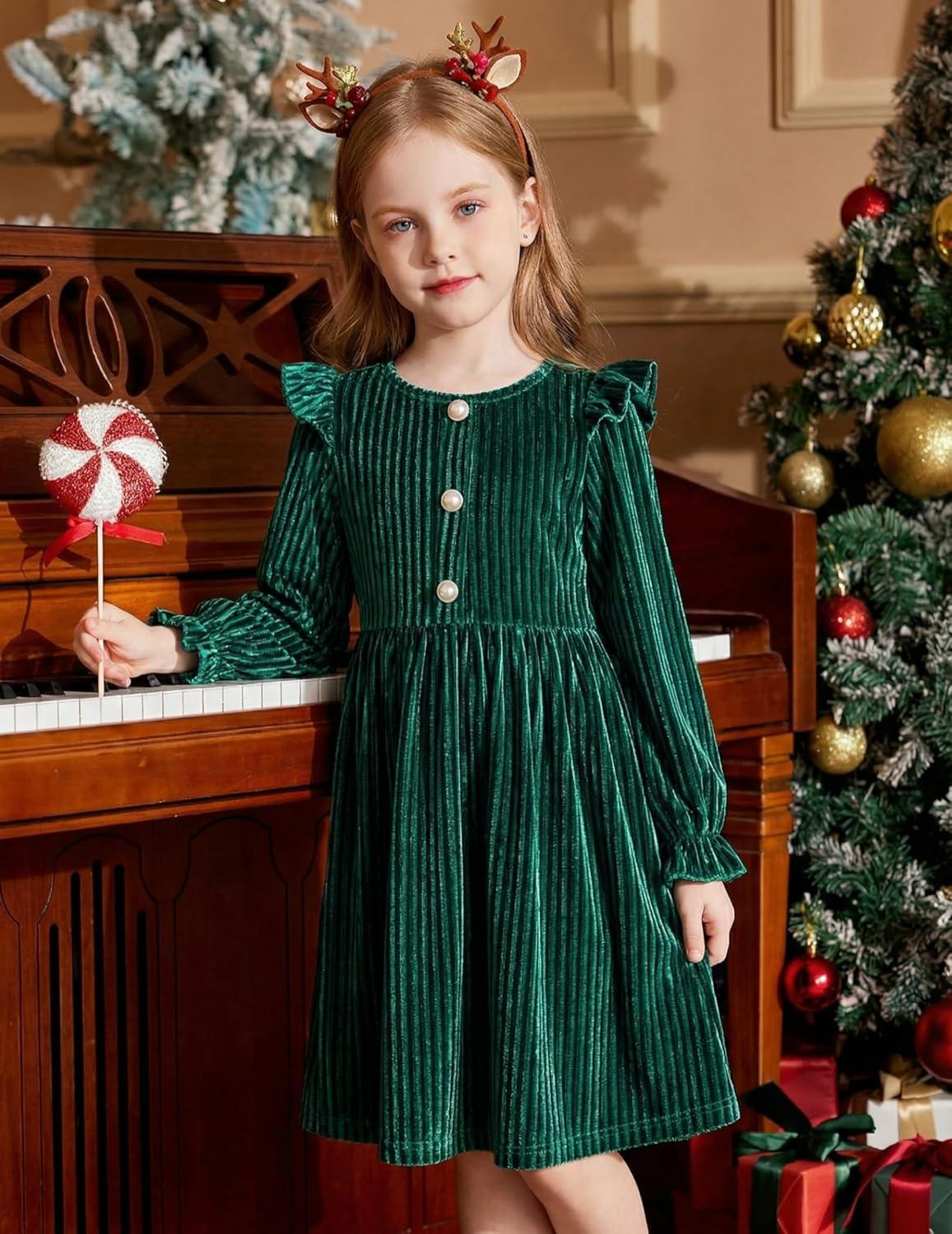 image:imageArshiner Toddler Girls Long Sleeve Velvet Dress Ruffled Crew Neck Midi ALine Fall Vintage Dress with Pockets for Kids 28YGreen
