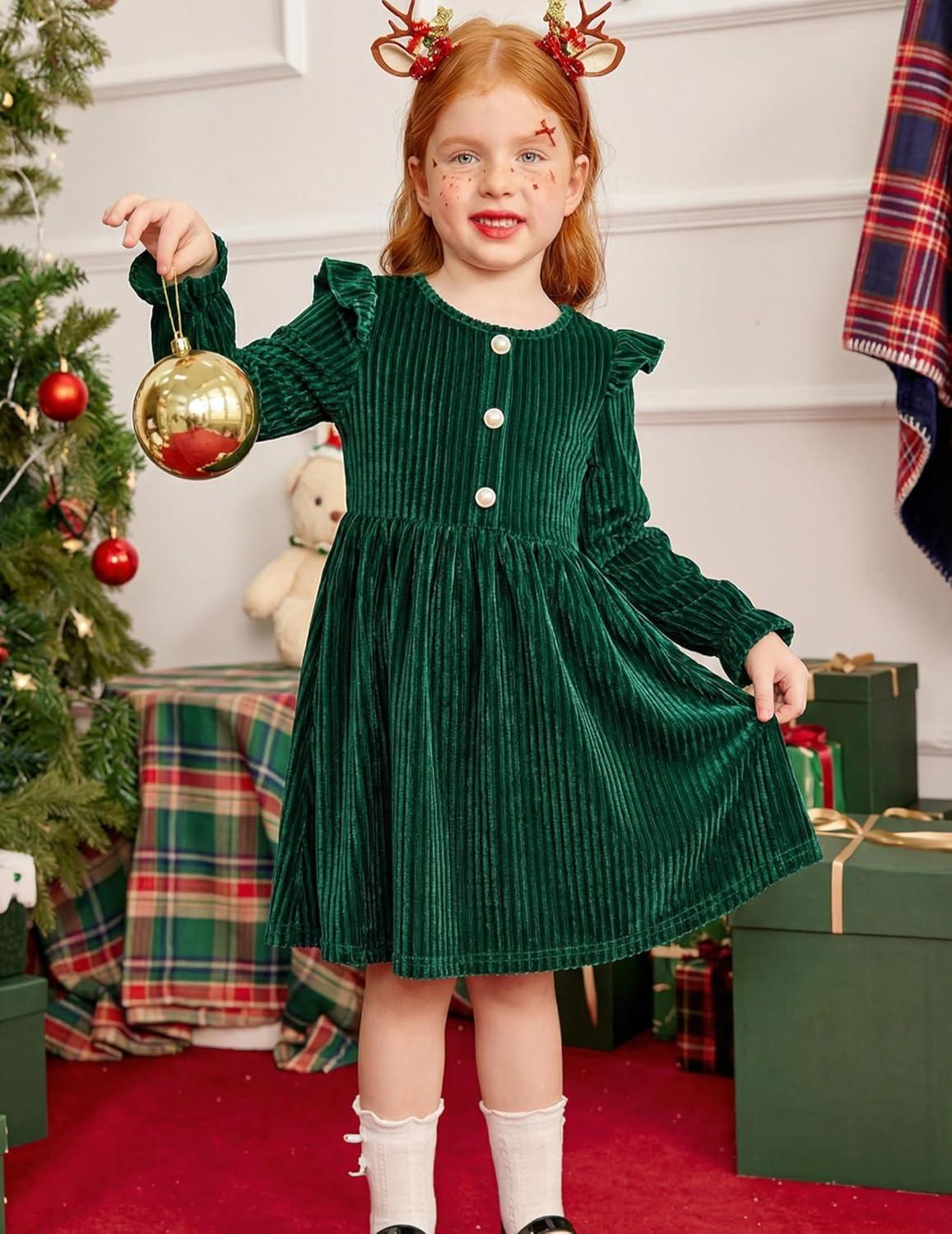 image:imageArshiner Toddler Girls Long Sleeve Velvet Dress Ruffled Crew Neck Midi ALine Fall Vintage Dress with Pockets for Kids 28YGreen
