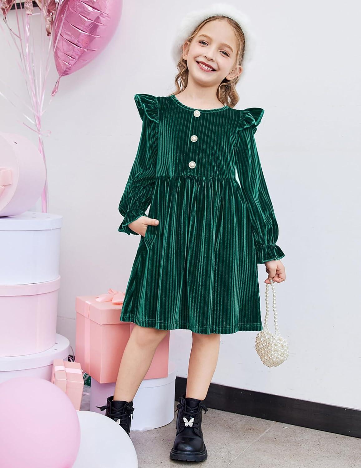 image:imageArshiner Toddler Girls Long Sleeve Velvet Dress Ruffled Crew Neck Midi ALine Fall Vintage Dress with Pockets for Kids 28YGreen