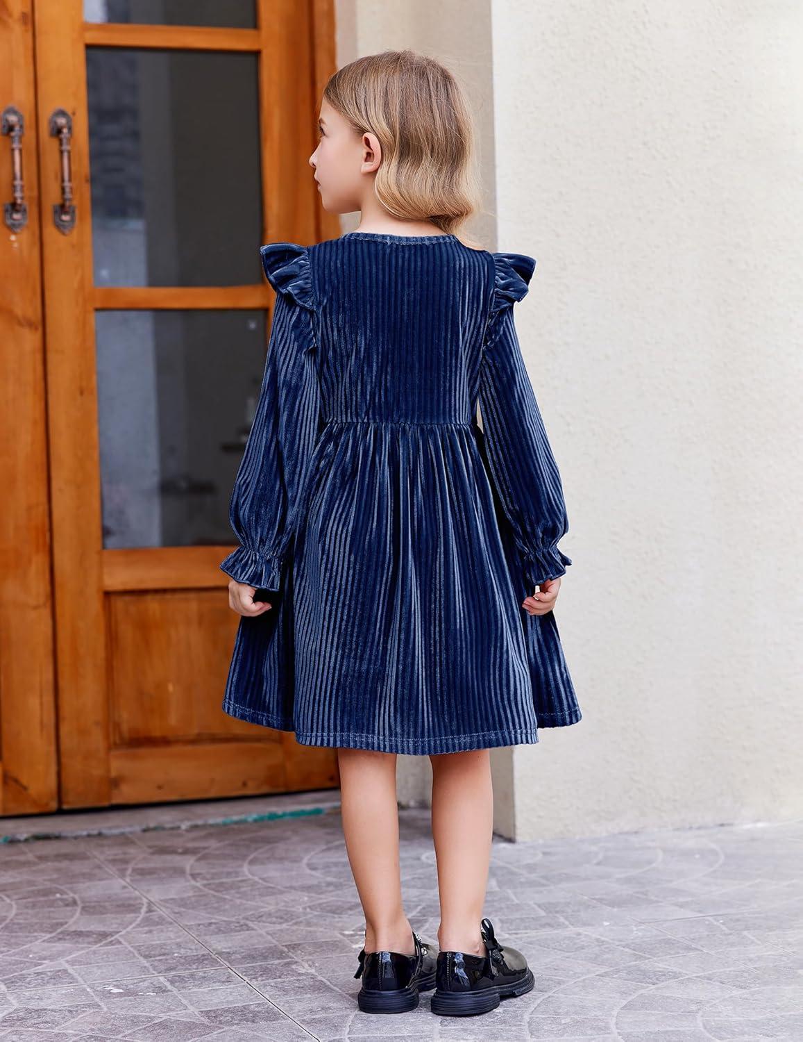 image:imageArshiner Toddler Girls Long Sleeve Velvet Dress Ruffled Crew Neck Midi ALine Fall Vintage Dress with Pockets for Kids 28YNavy Blue
