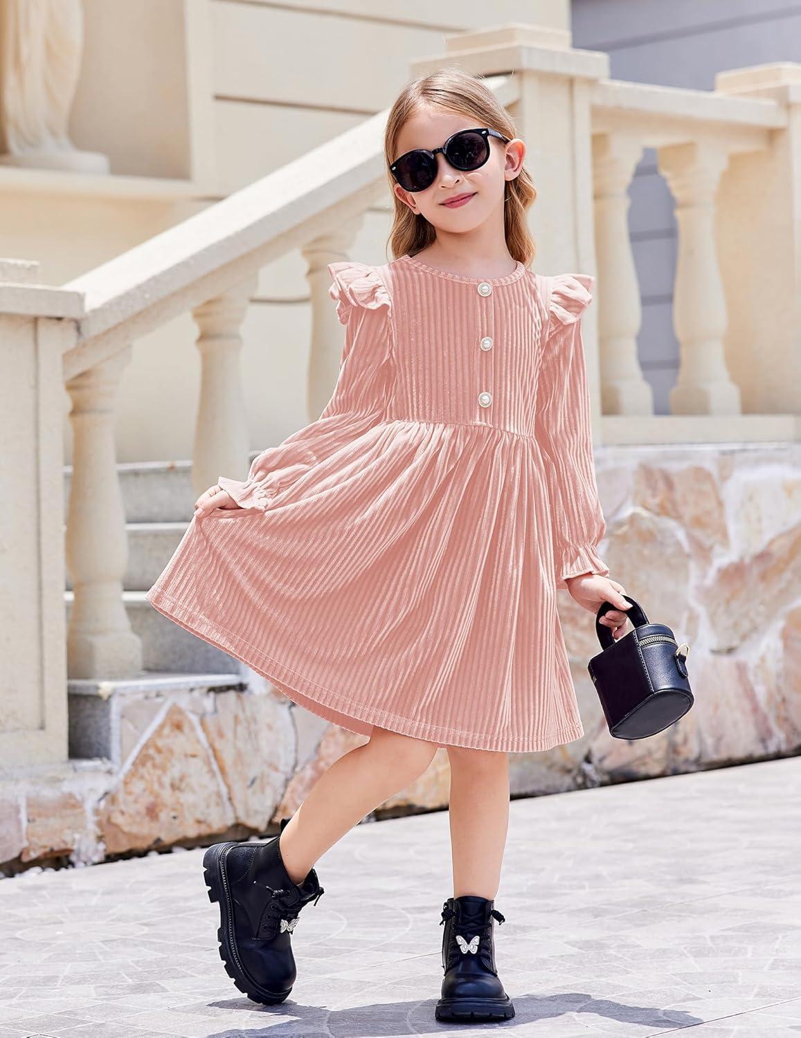 image:imageArshiner Toddler Girls Long Sleeve Velvet Dress Ruffled Crew Neck Midi ALine Fall Vintage Dress with Pockets for Kids 28YPink