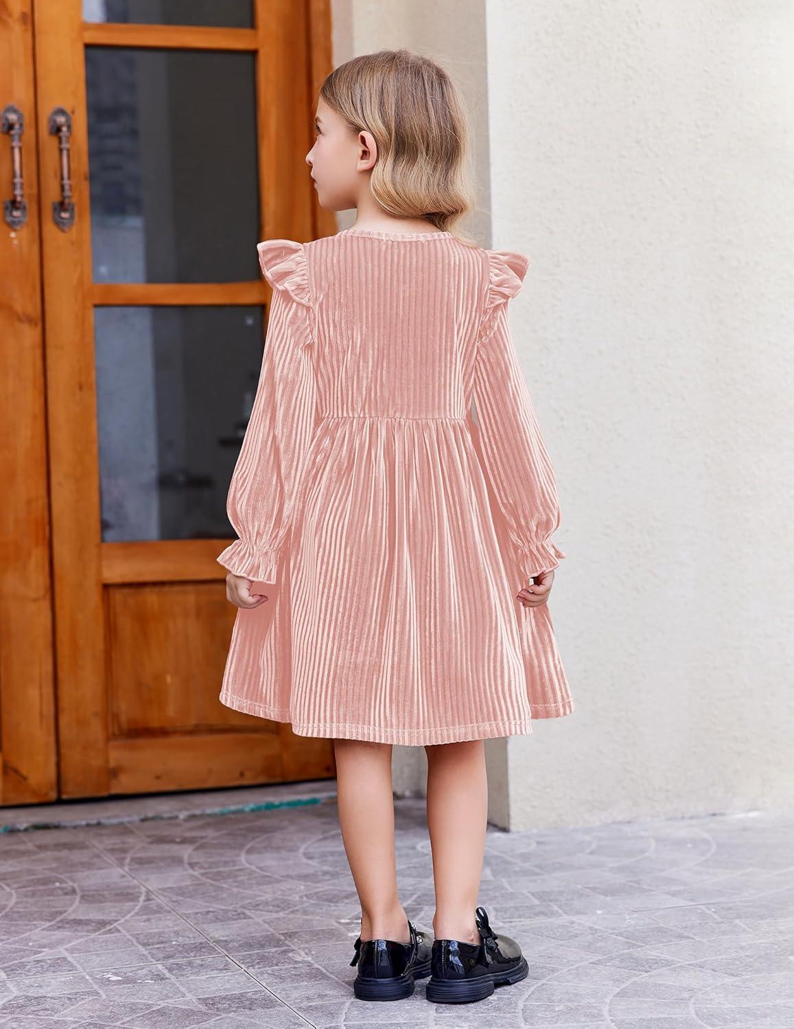 image:imageArshiner Toddler Girls Long Sleeve Velvet Dress Ruffled Crew Neck Midi ALine Fall Vintage Dress with Pockets for Kids 28YPink