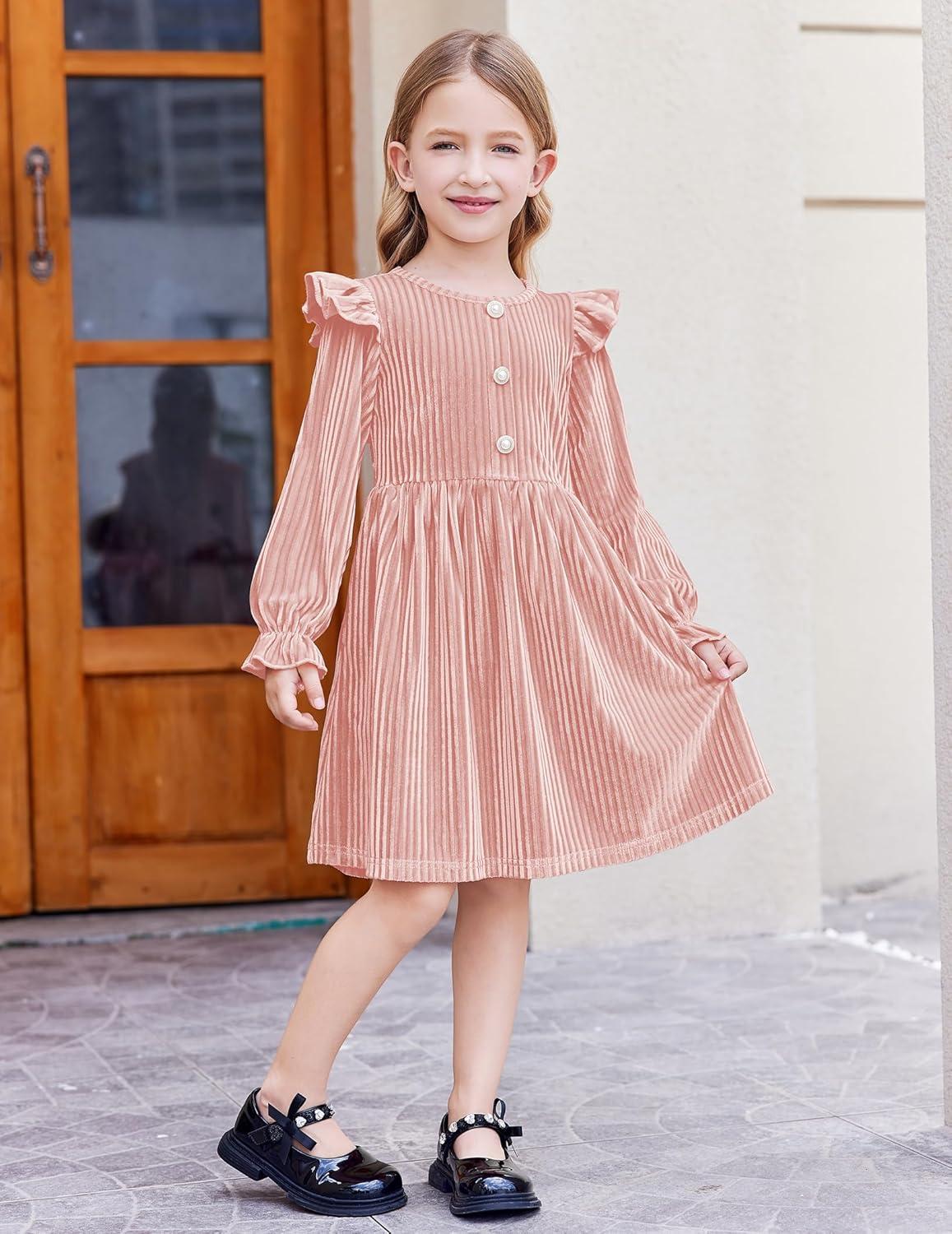 image:imageArshiner Toddler Girls Long Sleeve Velvet Dress Ruffled Crew Neck Midi ALine Fall Vintage Dress with Pockets for Kids 28YPink