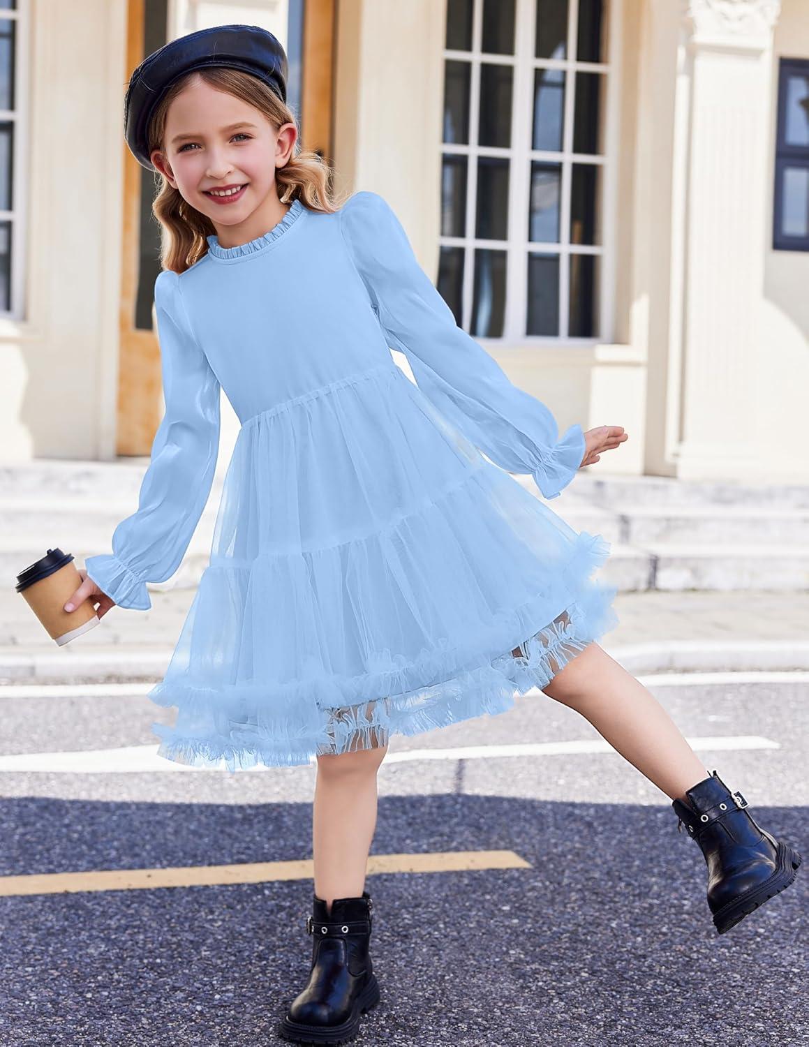 image:imageArshiner Toddler Tutu Dress Girls Puff Long Sleeve Fall Winter Formal Party Tulle Dresses 38YLight Blue