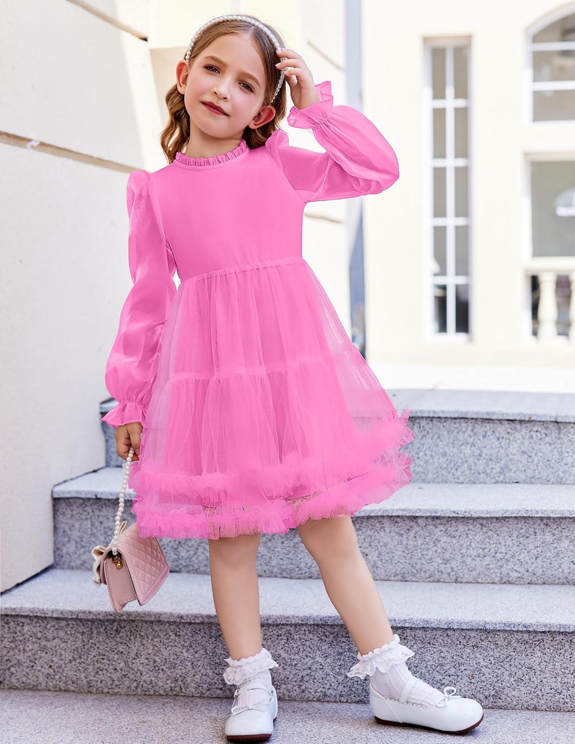 image:imageArshiner Toddler Tutu Dress Girls Puff Long Sleeve Fall Winter Formal Party Tulle Dresses 38YPeach Pink
