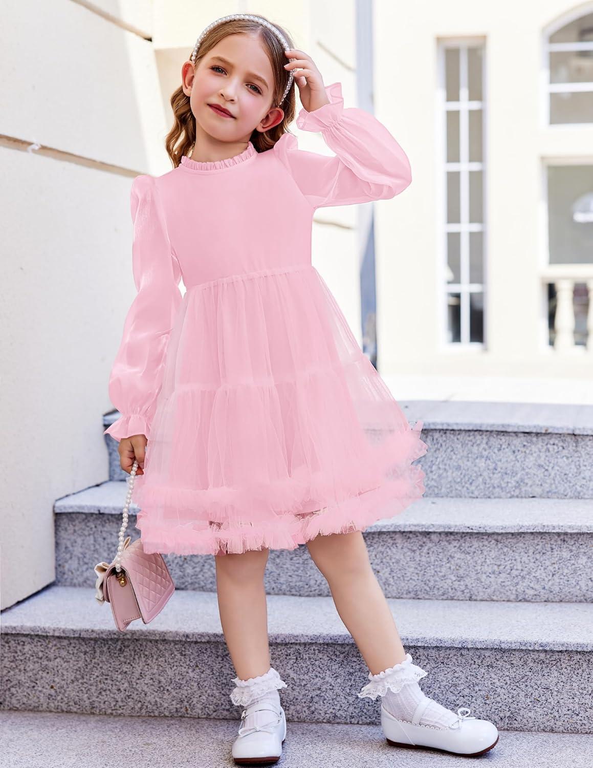 image:imageArshiner Toddler Tutu Dress Girls Puff Long Sleeve Fall Winter Formal Party Tulle Dresses 38YPink