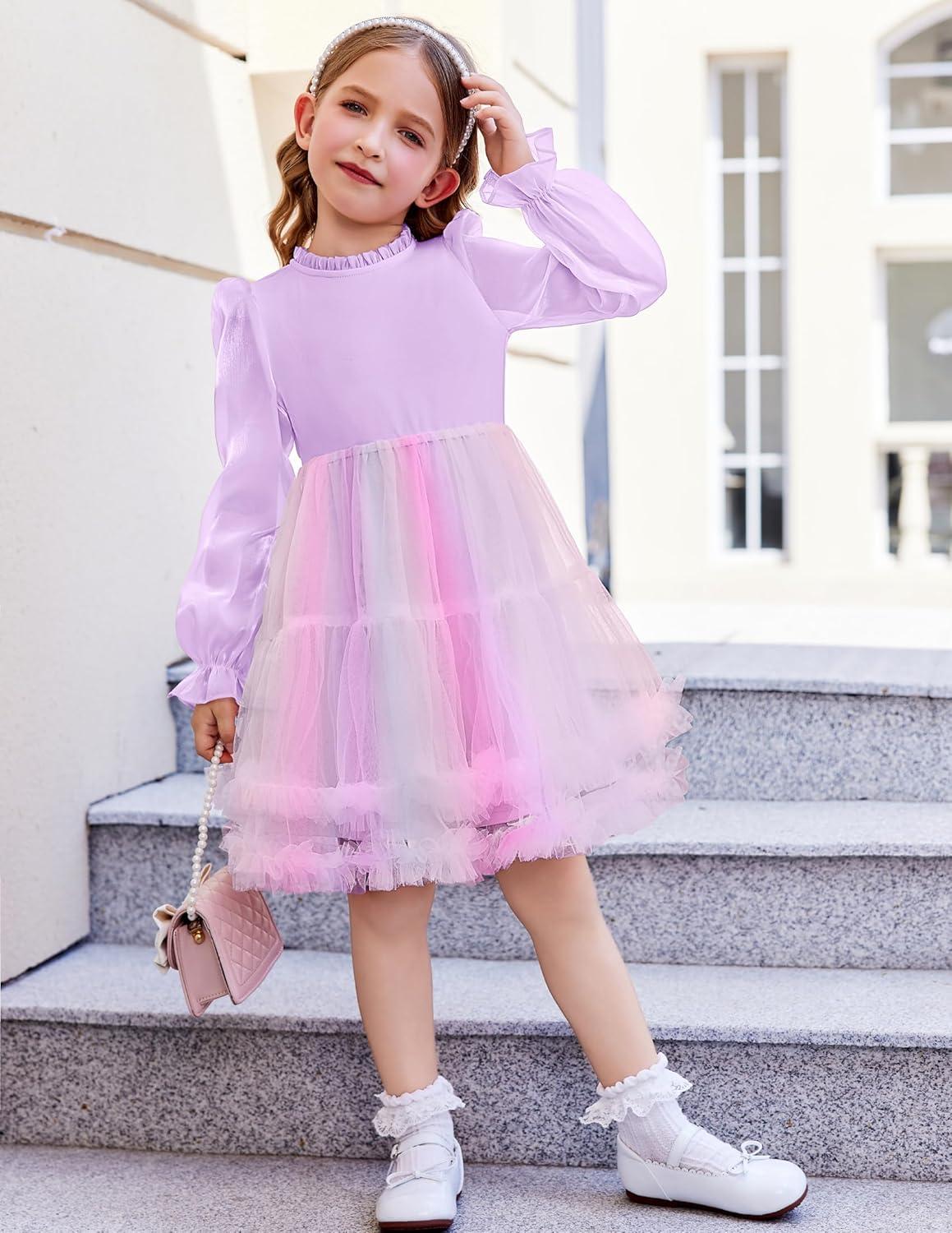 image:imageArshiner Toddler Tutu Dress Girls Puff Long Sleeve Fall Winter Formal Party Tulle Dresses 38YPurple Rainbow