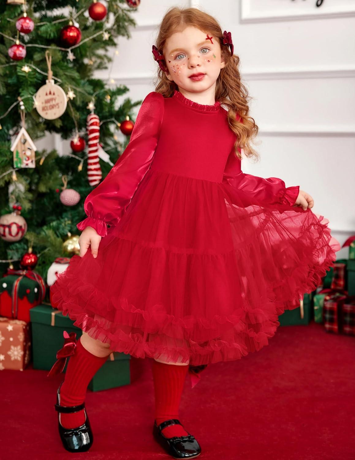 image:imageArshiner Toddler Tutu Dress Girls Puff Long Sleeve Fall Winter Formal Party Tulle Dresses 38YRed