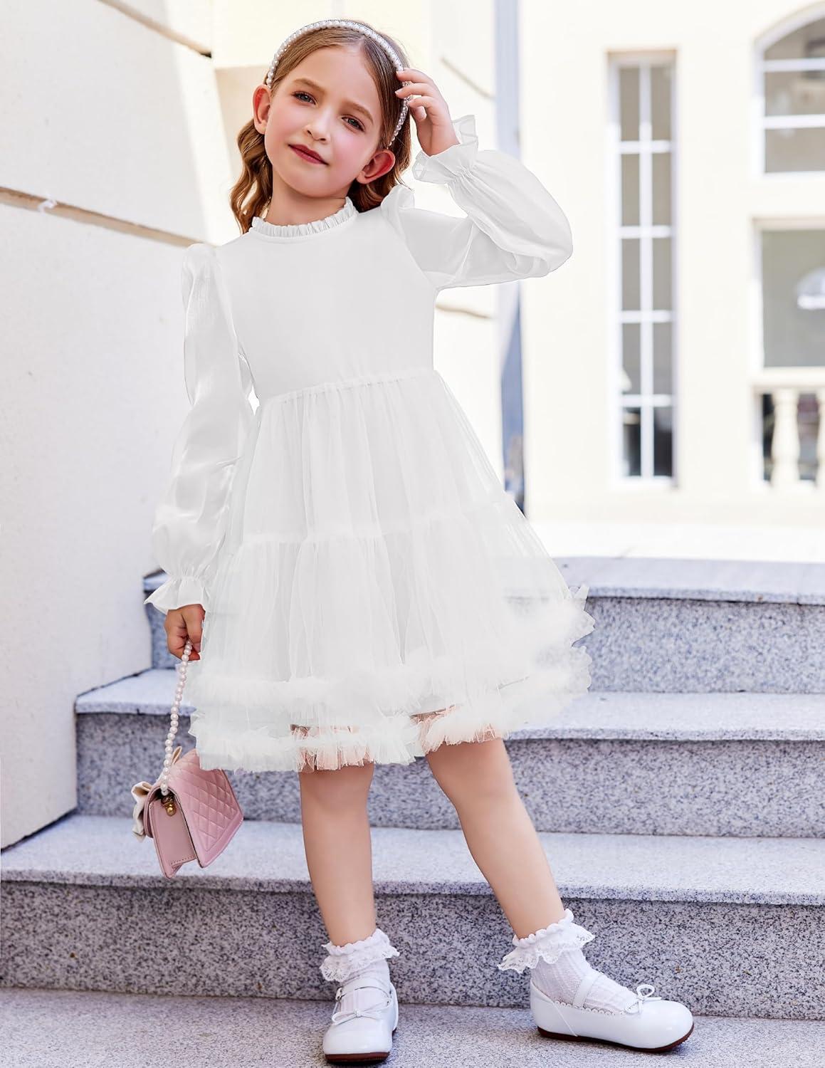 image:imageArshiner Toddler Tutu Dress Girls Puff Long Sleeve Fall Winter Formal Party Tulle Dresses 38YWhite