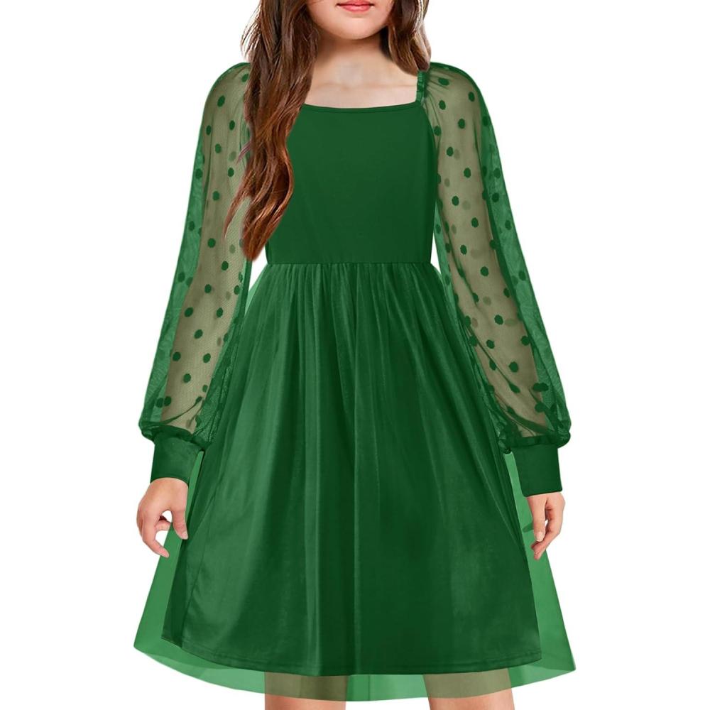 image:imageArshiner Girl Tulle Dress Puff Long Sleeve Teen Girls Party Casual Dresses 512YDeep Green