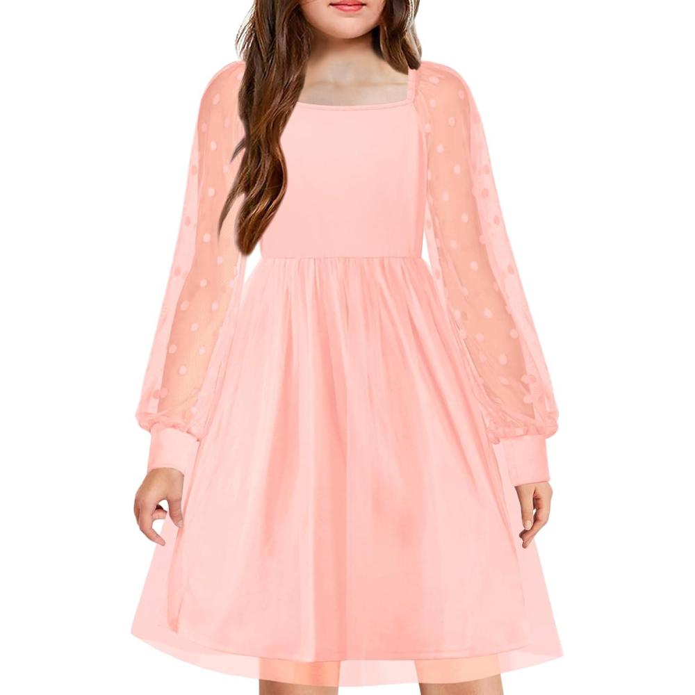 image:imageArshiner Girl Tulle Dress Puff Long Sleeve Teen Girls Party Casual Dresses 512YLight Pink