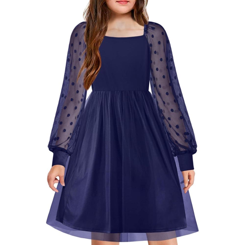 image:imageArshiner Girl Tulle Dress Puff Long Sleeve Teen Girls Party Casual Dresses 512YNavy Blue