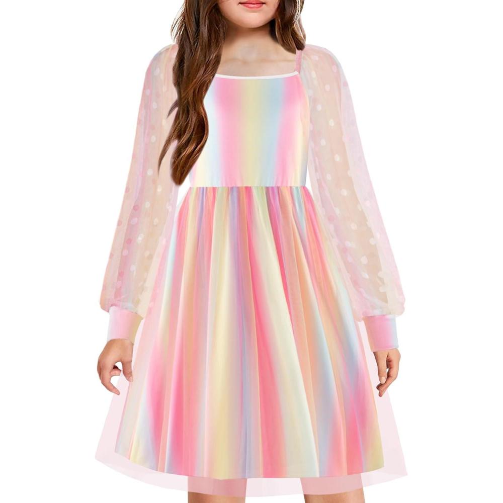 image:imageArshiner Girl Tulle Dress Puff Long Sleeve Teen Girls Party Casual Dresses 512YRainbow