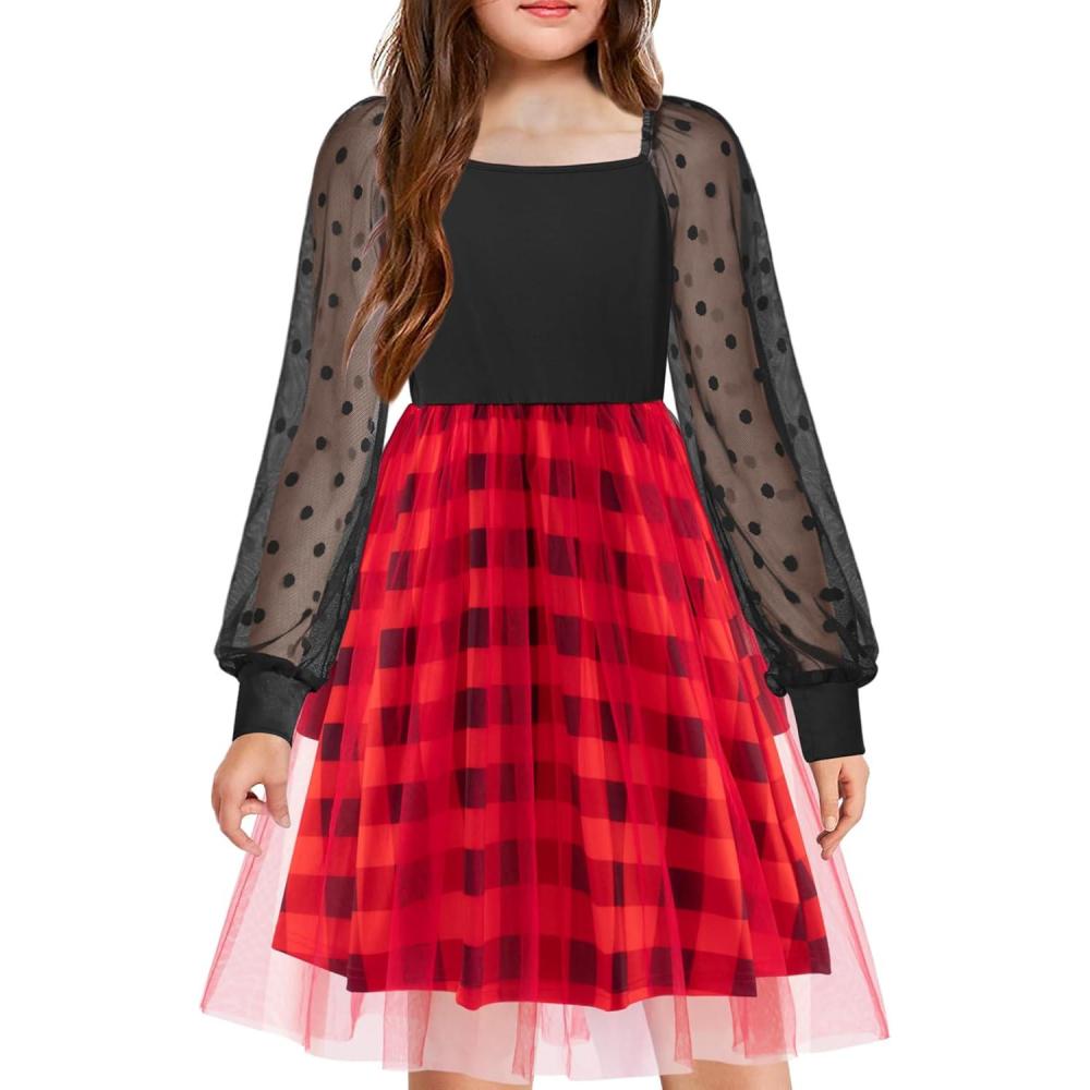 image:imageArshiner Girl Tulle Dress Puff Long Sleeve Teen Girls Party Casual Dresses 512YRed Plaid