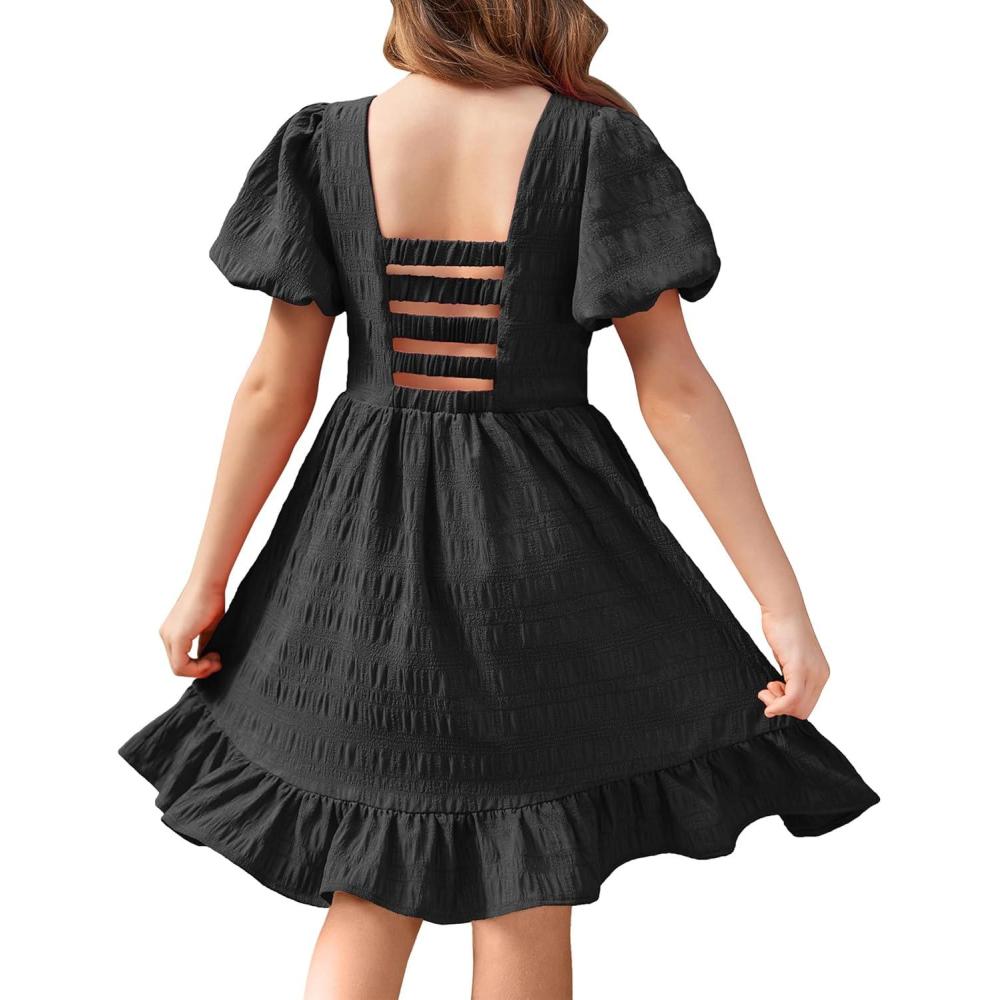 image:imageArshiner Girls Backless Dress Short Sleeve Square Neck Ruffle Hem Elegant DressesBlack