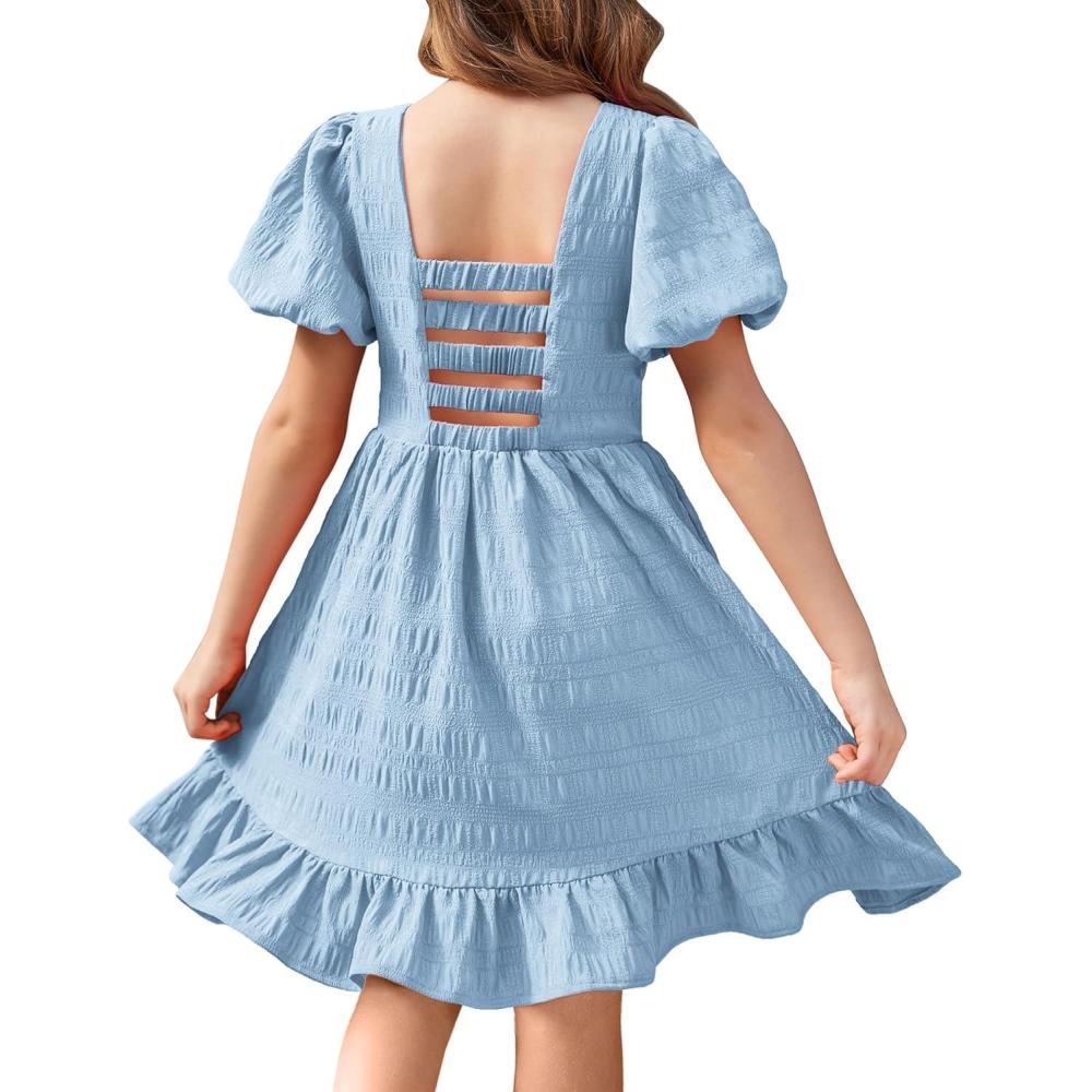 image:imageArshiner Girls Backless Dress Short Sleeve Square Neck Ruffle Hem Elegant DressesBlue