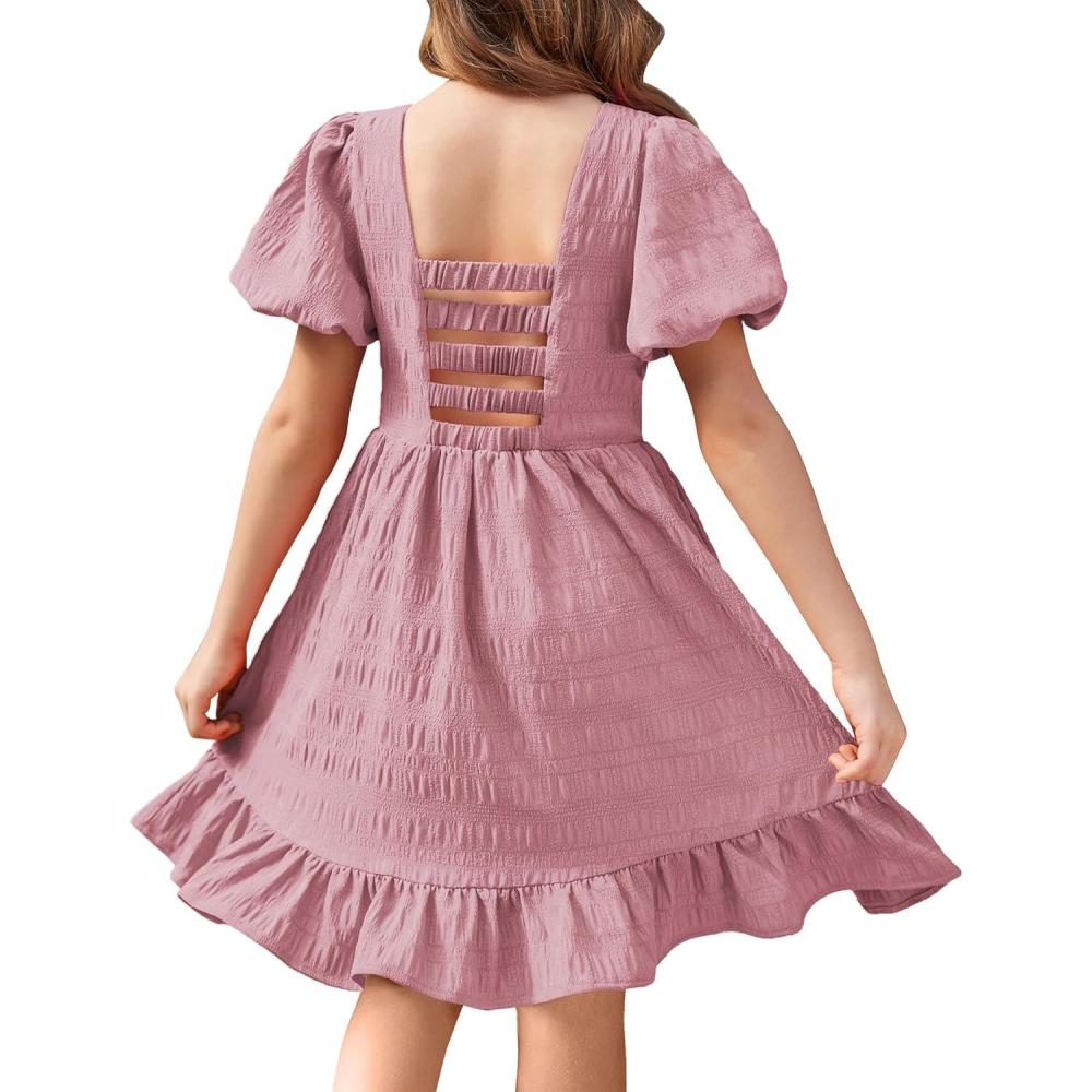 image:imageArshiner Girls Backless Dress Short Sleeve Square Neck Ruffle Hem Elegant DressesDark Pink