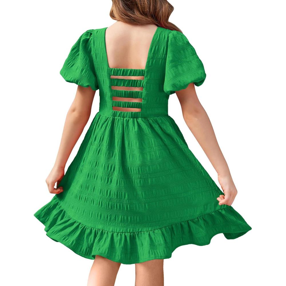 image:imageArshiner Girls Backless Dress Short Sleeve Square Neck Ruffle Hem Elegant DressesGreen