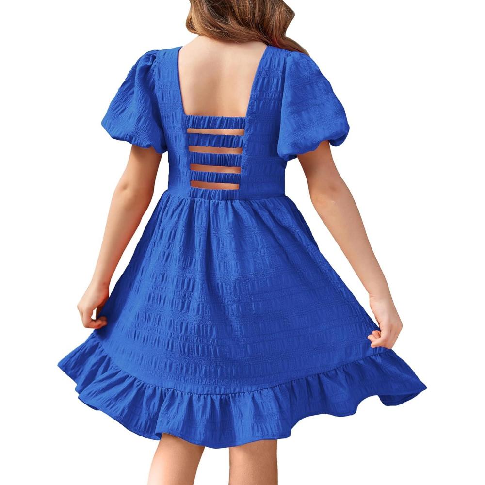 image:imageArshiner Girls Backless Dress Short Sleeve Square Neck Ruffle Hem Elegant DressesRoyal Blue