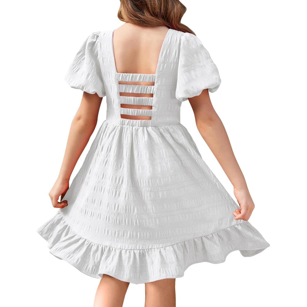 image:imageArshiner Girls Backless Dress Short Sleeve Square Neck Ruffle Hem Elegant DressesWhite