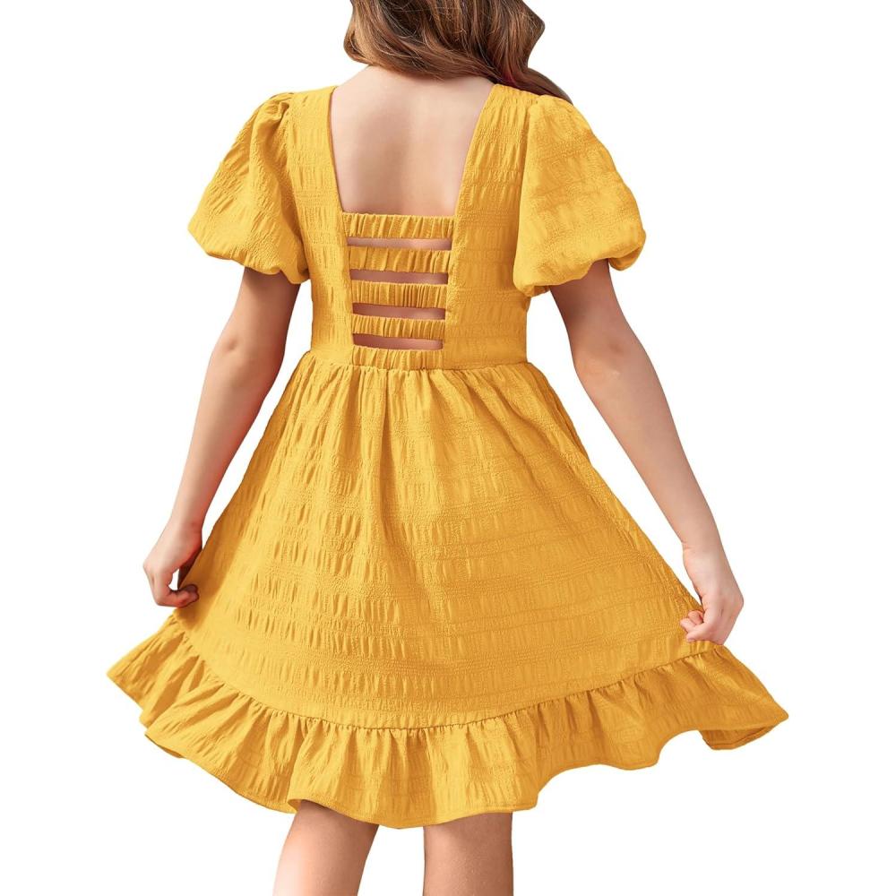 image:imageArshiner Girls Backless Dress Short Sleeve Square Neck Ruffle Hem Elegant DressesYellow