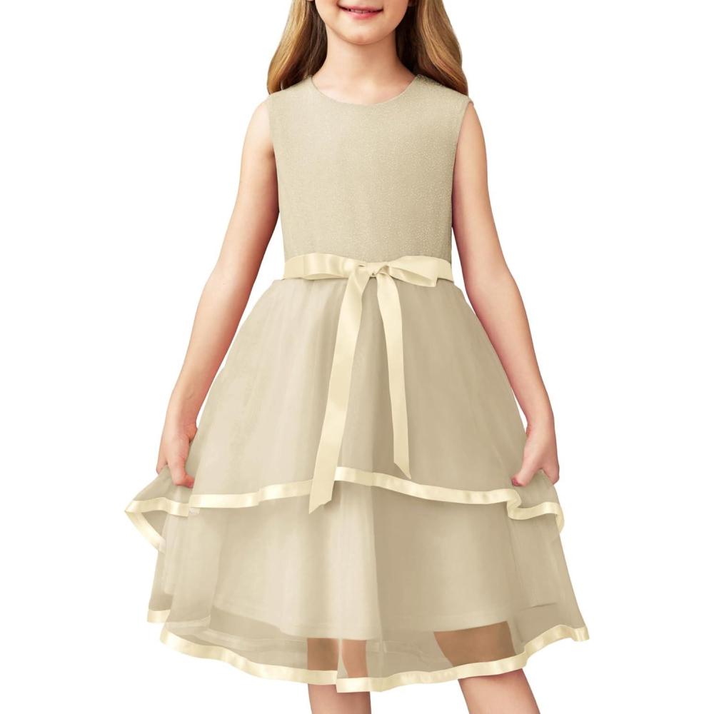 image:imageArshiner Girls Dress Formal Party Fluffy Tulle Sleeveless Belted Dresses Size 311YBeige