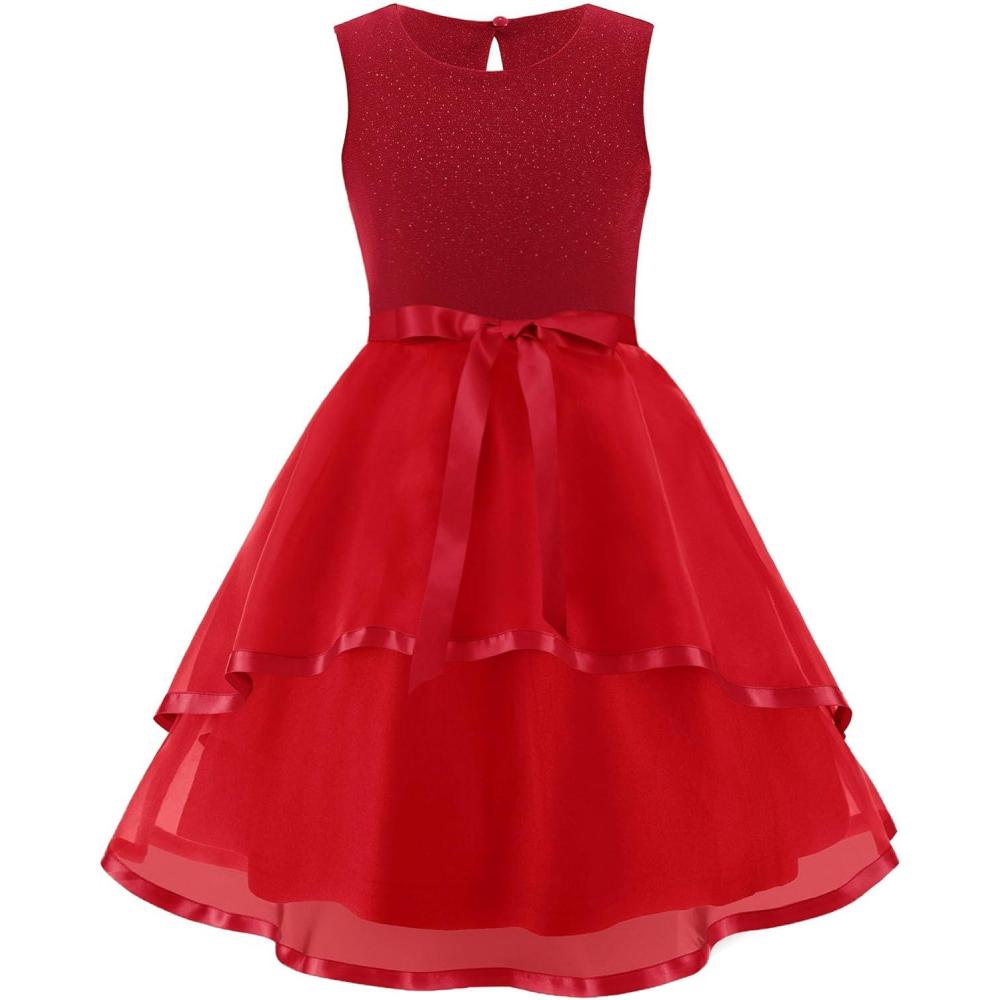 image:imageArshiner Girls Dress Formal Party Fluffy Tulle Sleeveless Belted Dresses Size 311YDark Red