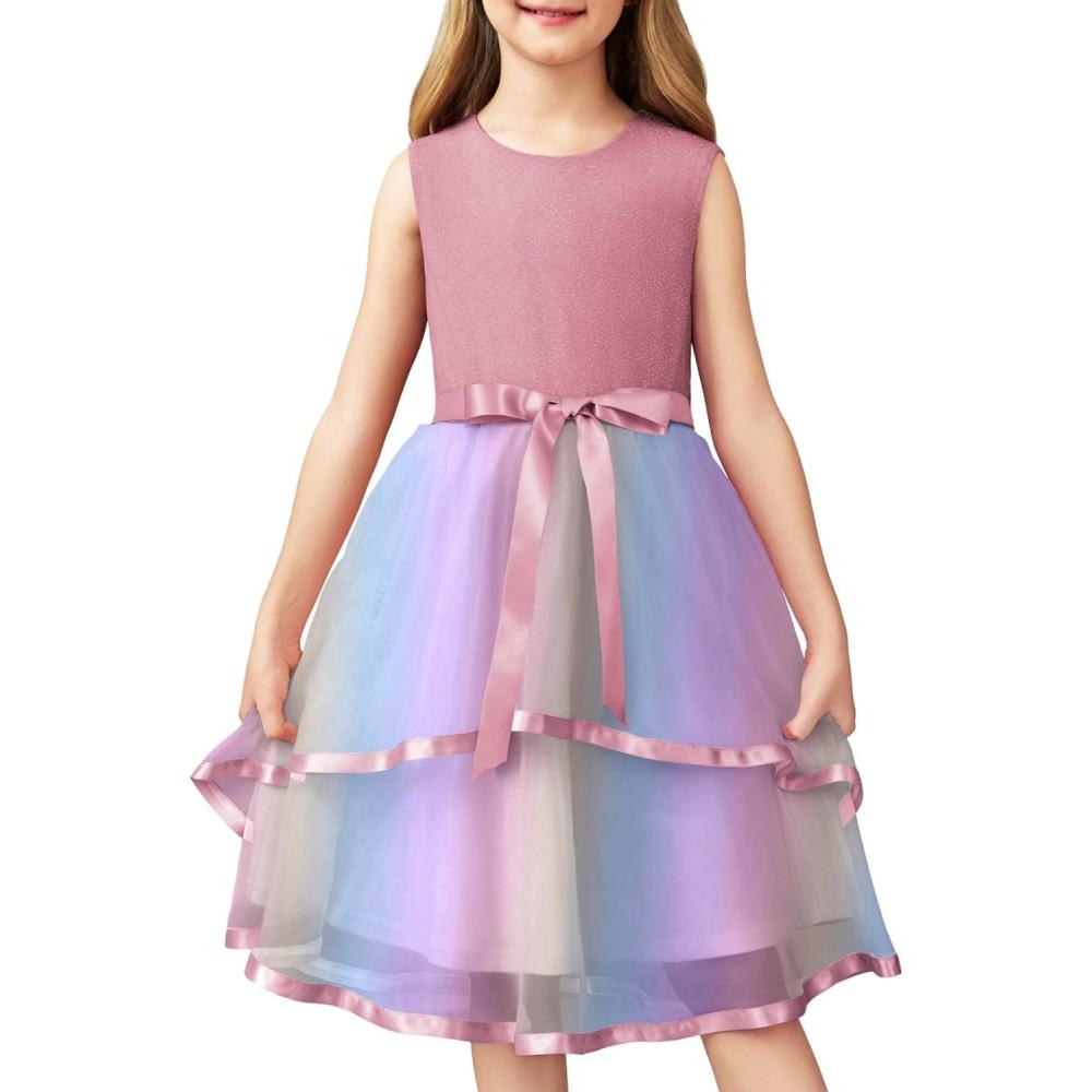 image:imageArshiner Girls Dress Formal Party Fluffy Tulle Sleeveless Belted Dresses Size 311YRainbow