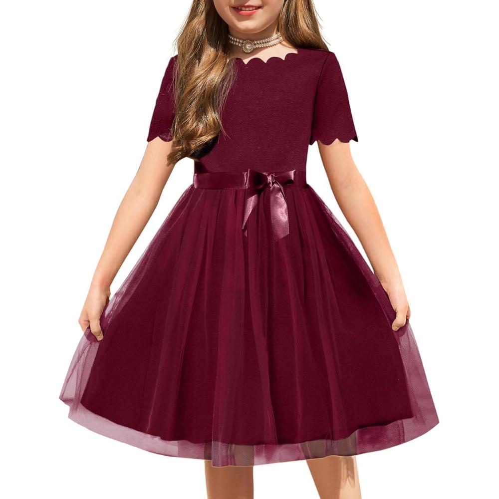 image:imageArshiner Girls Dress Tutu Fluffy Summer Dresses Belted Wedding Party Flower Girls Dress Size 311 YearsWine Red