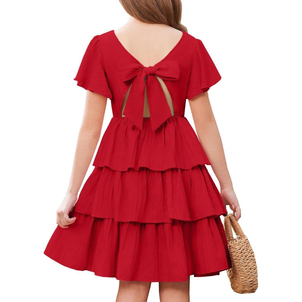 image:imageArshiner Girls Dresses Elegant Ruffle Short Sleeve Back Tie Tiered DressesRed