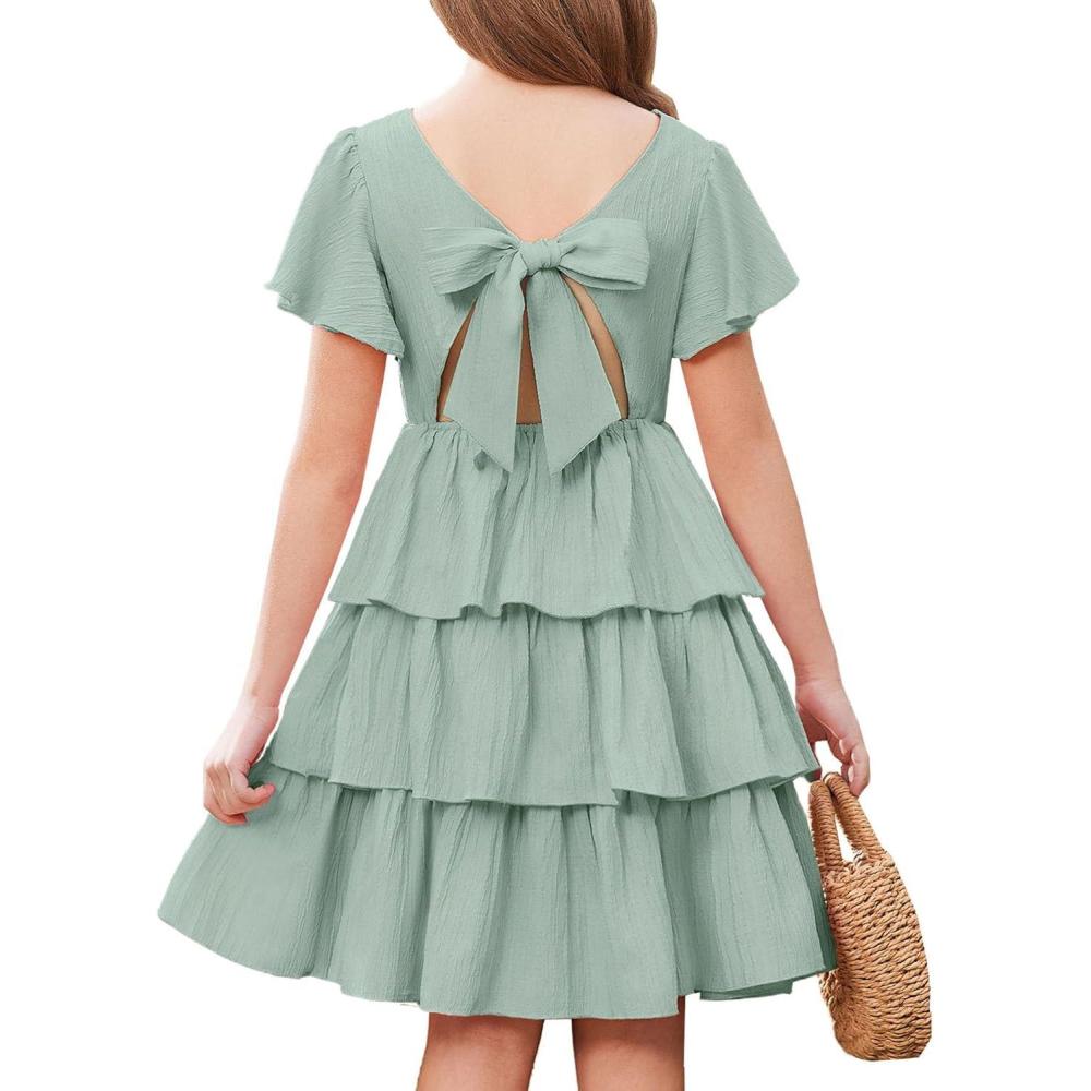 image:imageArshiner Girls Dresses Elegant Ruffle Short Sleeve Back Tie Tiered DressesSage Green