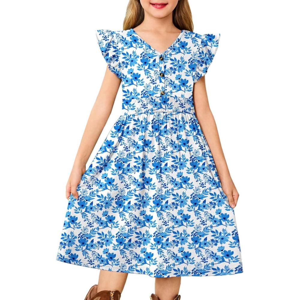 image:imageArshiner Girls Dresses Ruffle Sleeve ALine VNeck Sundress Summer Swing Midi Dress with PocketsBlue Floral