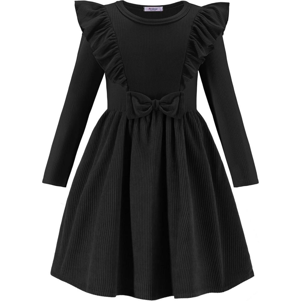 image:imageArshiner Girls Fall Winter Dress Plaid Ribbed Ruffles Long Sleeve Dresses Cute Bowknot Little Girls Clothes 26 YearsBlack Dark Green